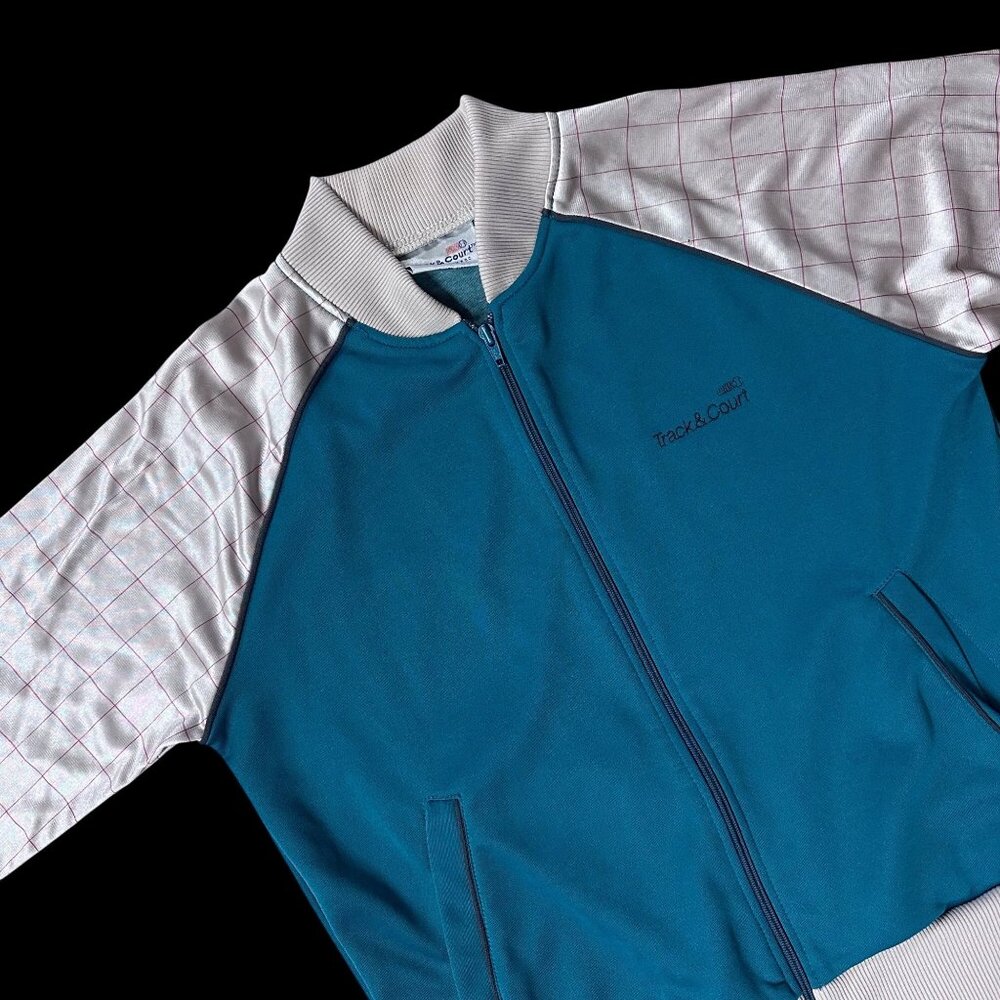 Vintage Jacket 1980s Womens Track and Court Zip Up Large Sports Taiwan Teal Grid